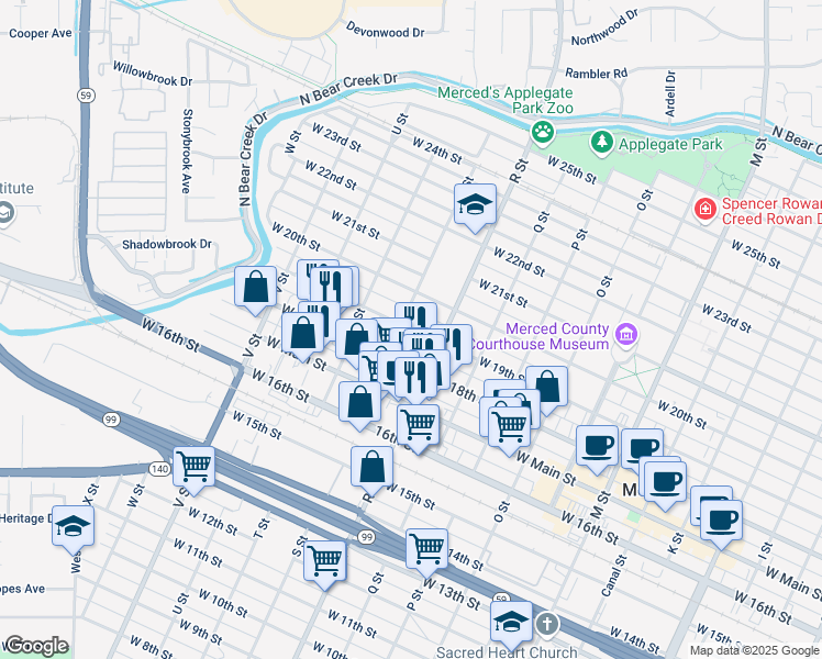 map of restaurants, bars, coffee shops, grocery stores, and more near 1154 West 19th Street in Merced