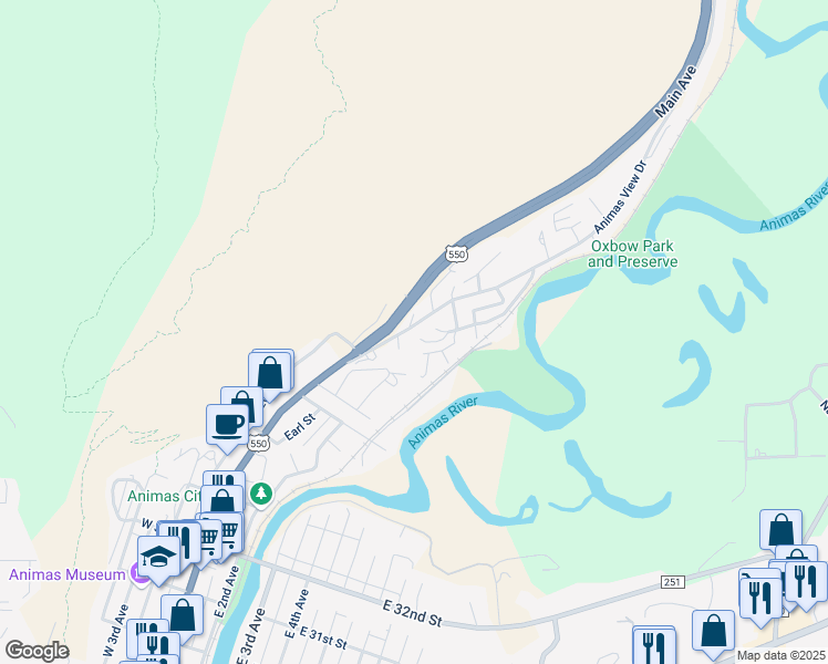 map of restaurants, bars, coffee shops, grocery stores, and more near 98 Animas View Drive in Durango