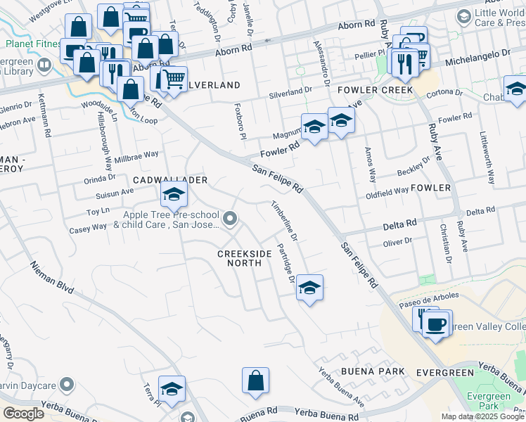 map of restaurants, bars, coffee shops, grocery stores, and more near 3874 Forester Court in San Jose