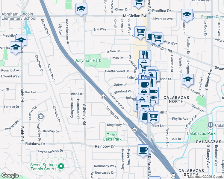 map of restaurants, bars, coffee shops, grocery stores, and more near 7552 Tiptoe Lane in Cupertino