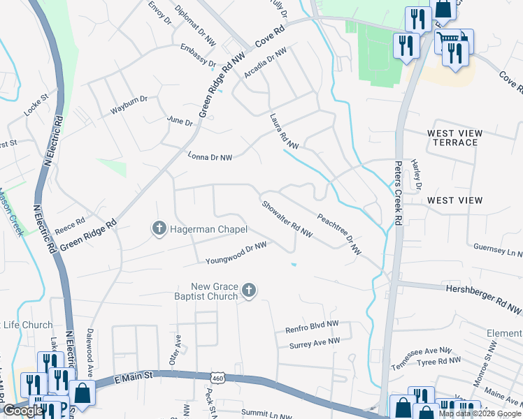 map of restaurants, bars, coffee shops, grocery stores, and more near 4826 Showalter Road Northwest in Roanoke