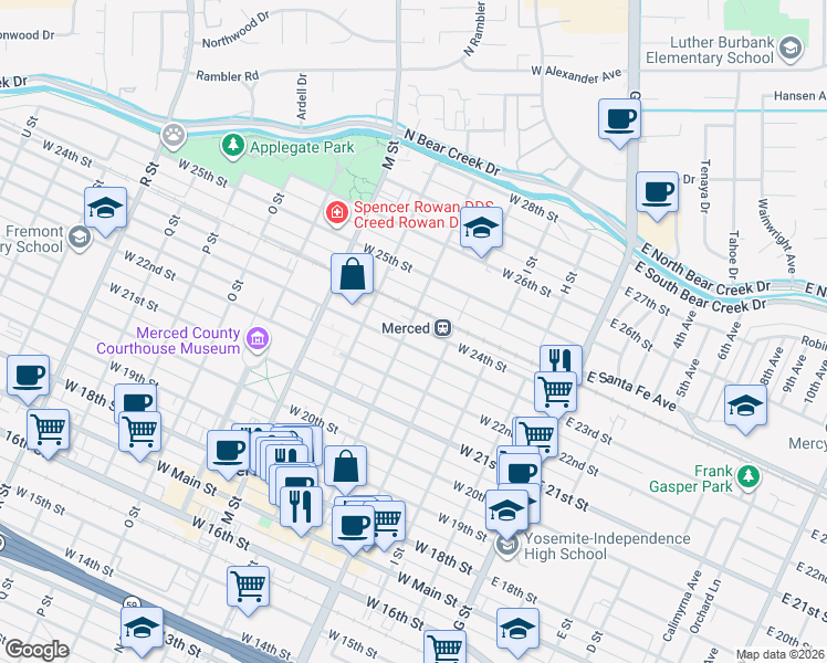 map of restaurants, bars, coffee shops, grocery stores, and more near 2320 K Street in Merced