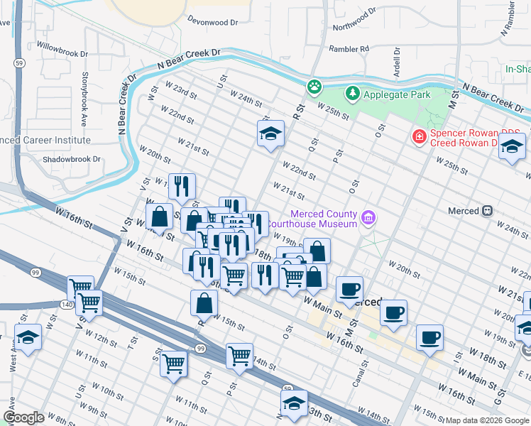 map of restaurants, bars, coffee shops, grocery stores, and more near 1029 West 19th Street in Merced
