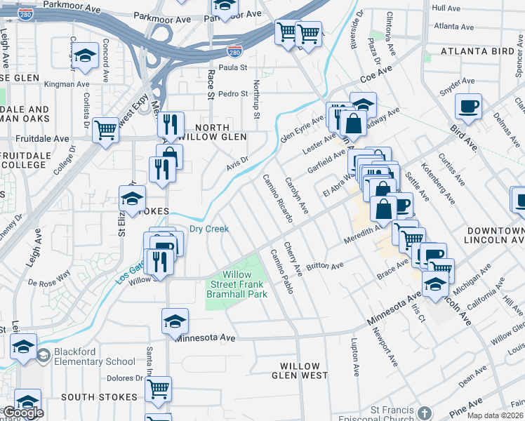 map of restaurants, bars, coffee shops, grocery stores, and more near 1063 Camino Pablo in San Jose