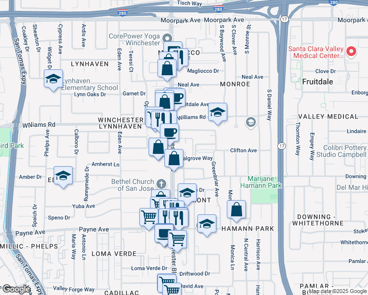 map of restaurants, bars, coffee shops, grocery stores, and more near 1056 Walgrove Way in San Jose