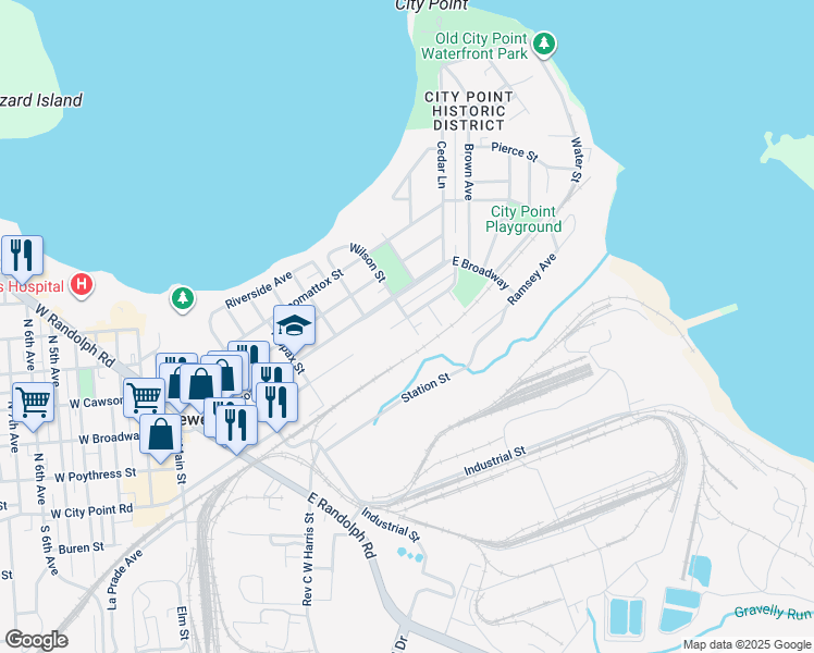 map of restaurants, bars, coffee shops, grocery stores, and more near 106 Wilson Street in Hopewell