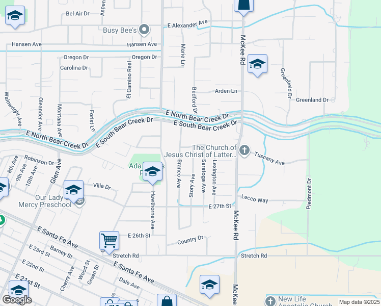 map of restaurants, bars, coffee shops, grocery stores, and more near 2803 Story Avenue in Merced