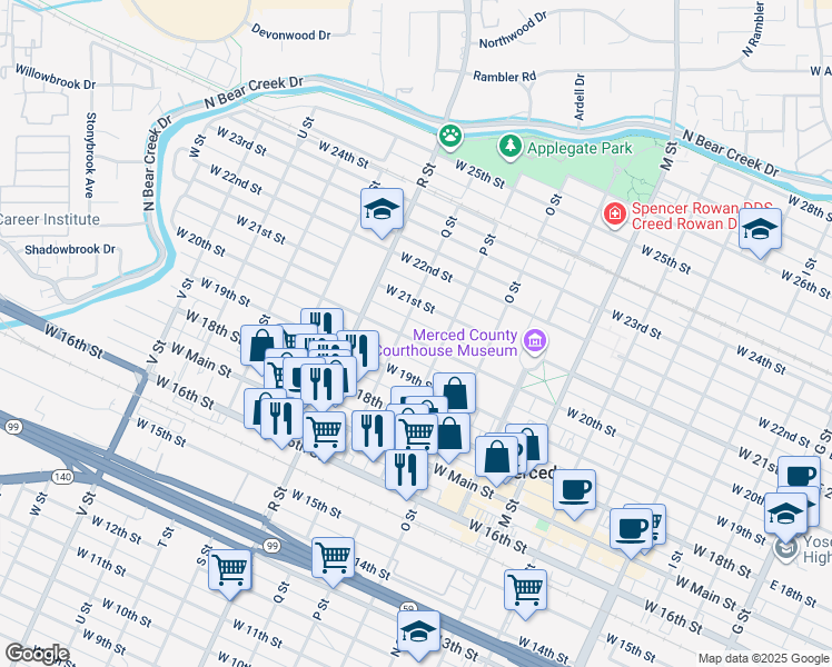 map of restaurants, bars, coffee shops, grocery stores, and more near 943 West 20th Street in Merced