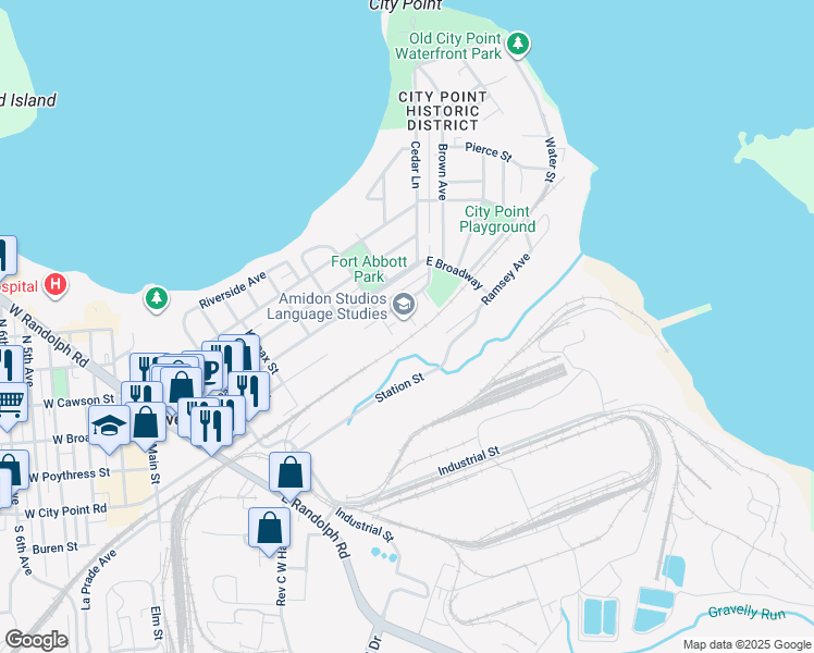 map of restaurants, bars, coffee shops, grocery stores, and more near 106 Williams Street in Hopewell