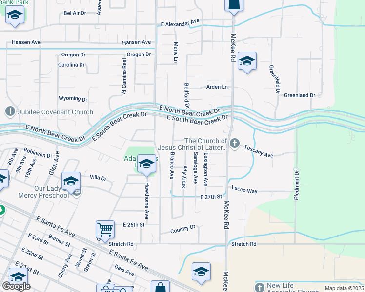 map of restaurants, bars, coffee shops, grocery stores, and more near 2803 Story Avenue in Merced