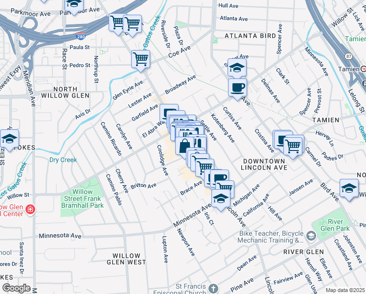 map of restaurants, bars, coffee shops, grocery stores, and more near 1116 Meredith Avenue in San Jose