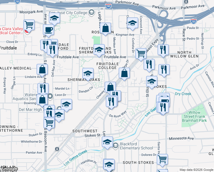 map of restaurants, bars, coffee shops, grocery stores, and more near 1011 Leigh Avenue in San Jose