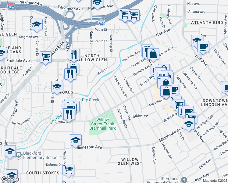 map of restaurants, bars, coffee shops, grocery stores, and more near 1063 Camino Pablo in San Jose