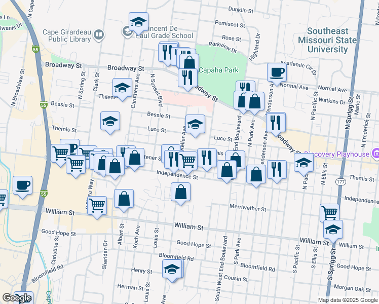 map of restaurants, bars, coffee shops, grocery stores, and more near 1527 Themis Street in Cape Girardeau