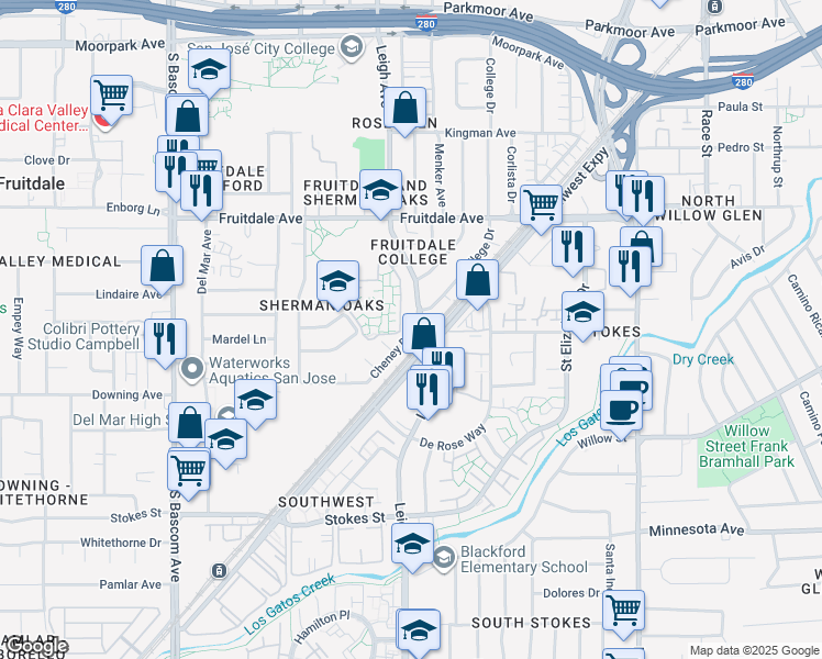 map of restaurants, bars, coffee shops, grocery stores, and more near 943 Willowleaf Drive in San Jose