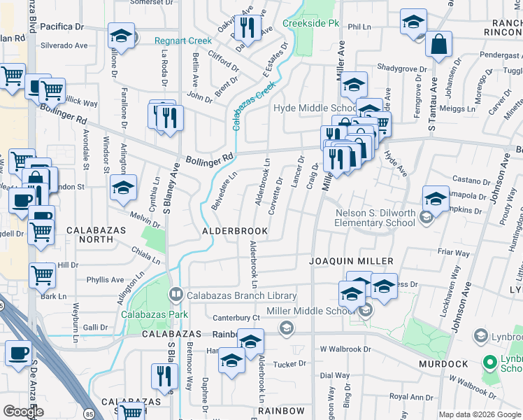 map of restaurants, bars, coffee shops, grocery stores, and more near 1043 Corvette Drive in San Jose