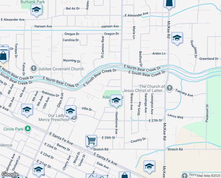 map of restaurants, bars, coffee shops, grocery stores, and more near 1622 Monte Grosso Drive in Merced
