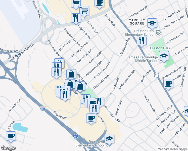 map of restaurants, bars, coffee shops, grocery stores, and more near 2530 Dorchester Drive Northwest in Roanoke
