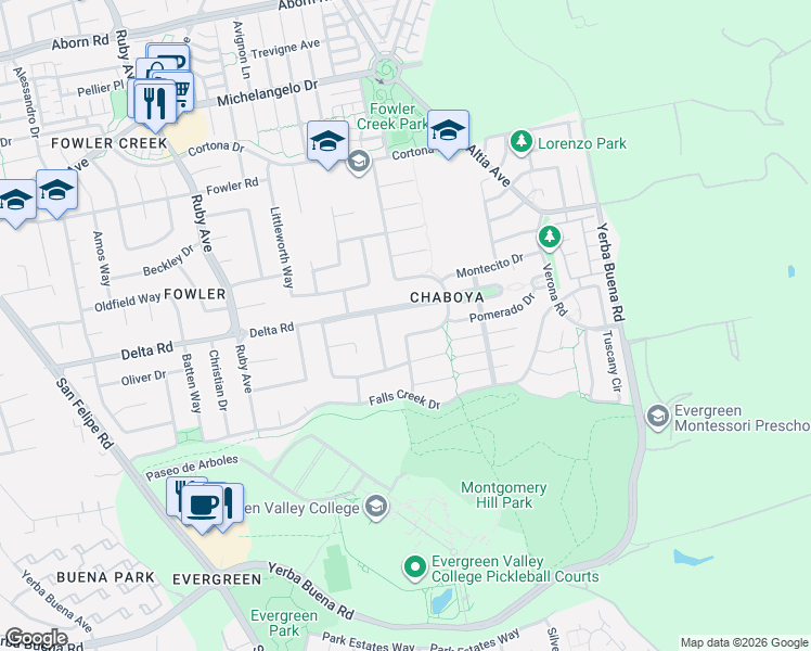 map of restaurants, bars, coffee shops, grocery stores, and more near 3313 Delta Road in San Jose