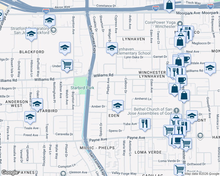 map of restaurants, bars, coffee shops, grocery stores, and more near 3520 Walton Way in San Jose