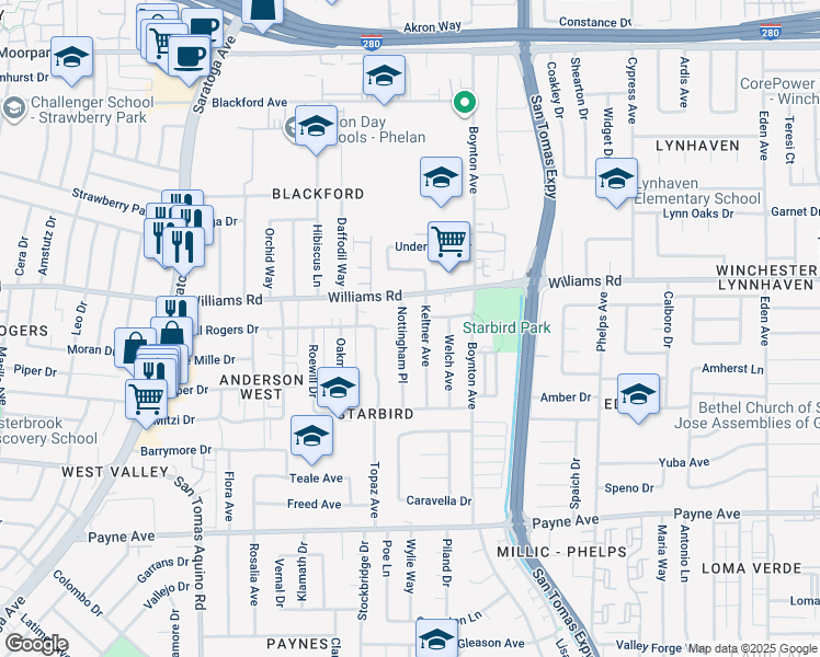 map of restaurants, bars, coffee shops, grocery stores, and more near 3806 Williams Road in San Jose