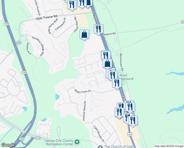 map of restaurants, bars, coffee shops, grocery stores, and more near 222 Claiborne Drive in Williamsburg