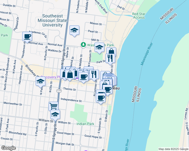 map of restaurants, bars, coffee shops, grocery stores, and more near 314 North Fountain Street in Cape Girardeau