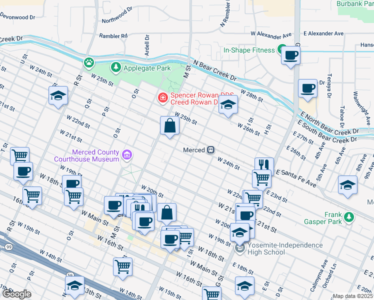 map of restaurants, bars, coffee shops, grocery stores, and more near 419 West 23rd Street in Merced