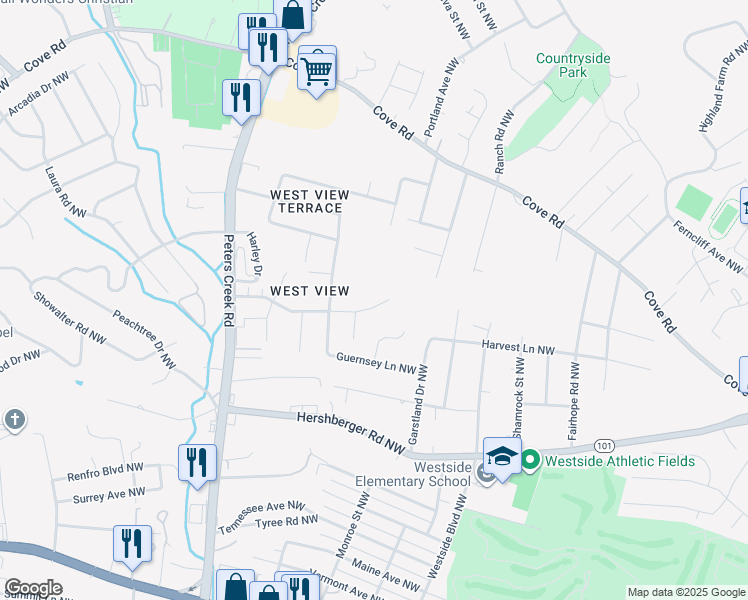 map of restaurants, bars, coffee shops, grocery stores, and more near 4133 Appleton Avenue Northwest in Roanoke