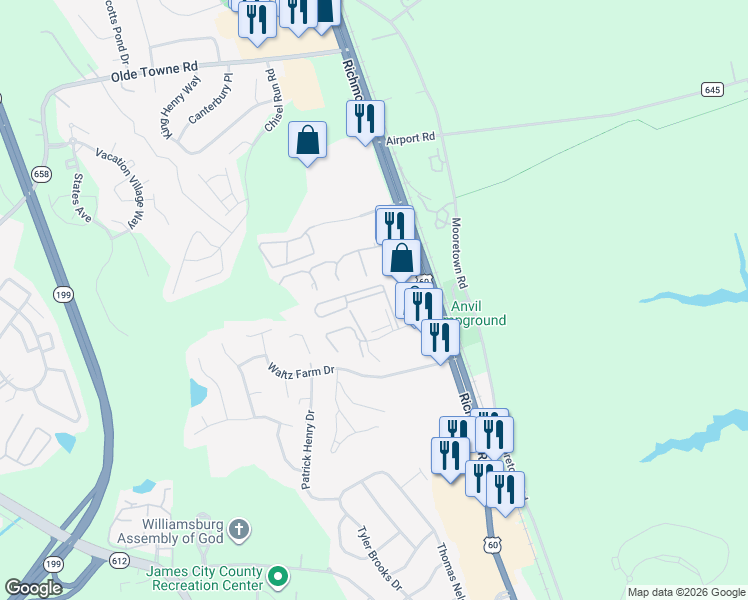 map of restaurants, bars, coffee shops, grocery stores, and more near 2601 Westgate Circle in Williamsburg