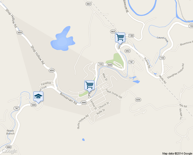 map of restaurants, bars, coffee shops, grocery stores, and more near State Route 644 in Pocahontas