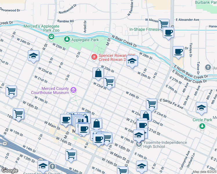 map of restaurants, bars, coffee shops, grocery stores, and more near 425 West 23rd Street in Merced