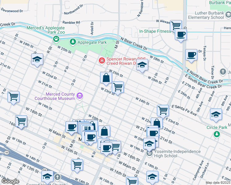 map of restaurants, bars, coffee shops, grocery stores, and more near 429 West 23rd Street in Merced