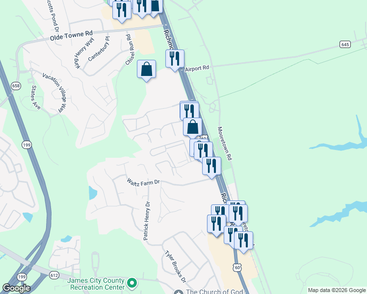 map of restaurants, bars, coffee shops, grocery stores, and more near 502 Westgate Circle in Williamsburg