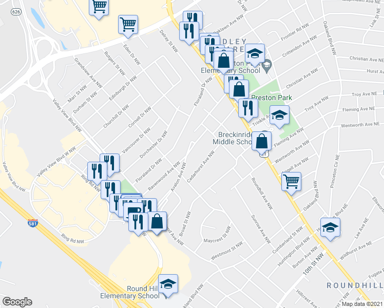 map of restaurants, bars, coffee shops, grocery stores, and more near 2703 Calloway Street Northwest in Roanoke