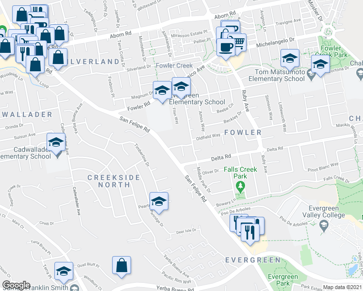 map of restaurants, bars, coffee shops, grocery stores, and more near Midhurst Way in San Jose