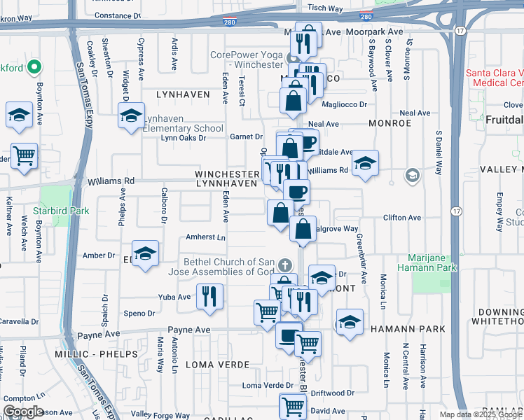 map of restaurants, bars, coffee shops, grocery stores, and more near 3171 Verdant Way in San Jose