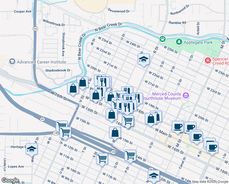 map of restaurants, bars, coffee shops, grocery stores, and more near 1248 West 19th Street in Merced