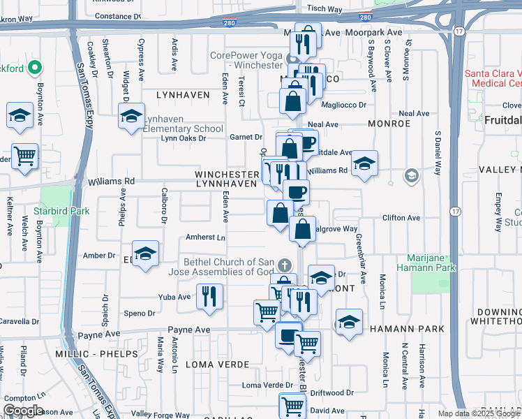 map of restaurants, bars, coffee shops, grocery stores, and more near 3171 Verdant Way in San Jose