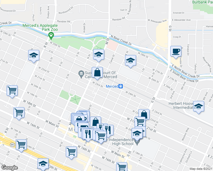 map of restaurants, bars, coffee shops, grocery stores, and more near 2385 K Street in Merced
