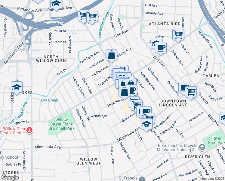 map of restaurants, bars, coffee shops, grocery stores, and more near 1122 Willow Street in San Jose