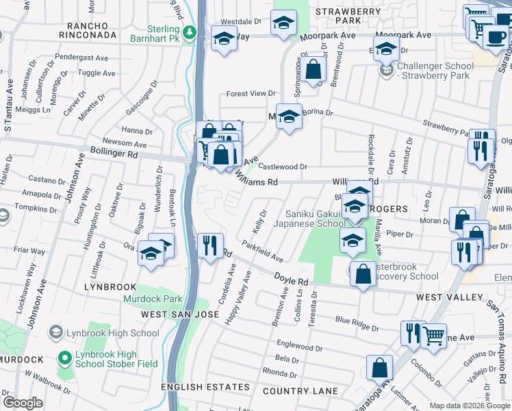 map of restaurants, bars, coffee shops, grocery stores, and more near 1067 Wilmington Avenue in San Jose