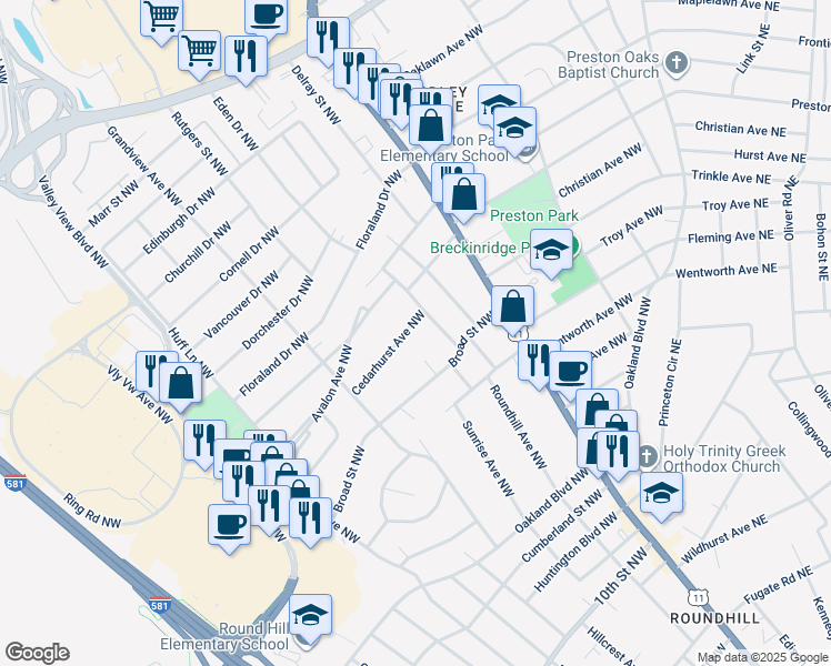 map of restaurants, bars, coffee shops, grocery stores, and more near 4002 Richland Ave NW in Roanoke