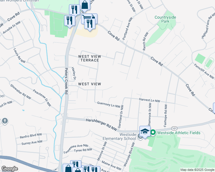 map of restaurants, bars, coffee shops, grocery stores, and more near 4133 Appleton Avenue Northwest in Roanoke