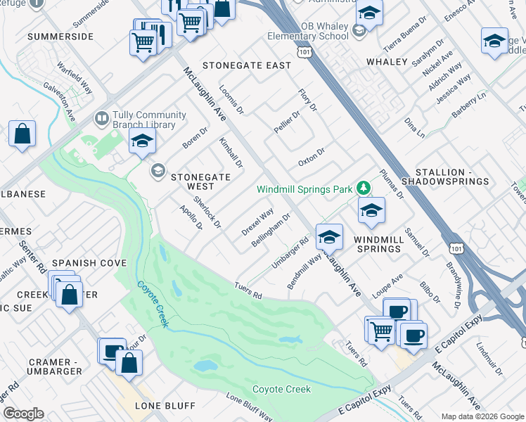 map of restaurants, bars, coffee shops, grocery stores, and more near 1079 Drexel Way in San Jose