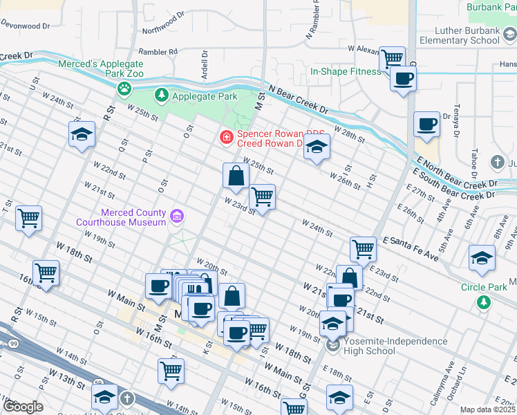 map of restaurants, bars, coffee shops, grocery stores, and more near 427 West 23rd Street in Merced