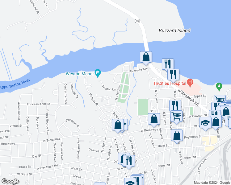 map of restaurants, bars, coffee shops, grocery stores, and more near 622 North 21st Avenue in Hopewell