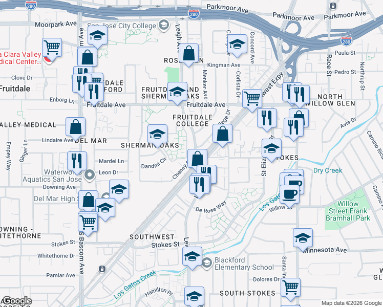 map of restaurants, bars, coffee shops, grocery stores, and more near 1007 Leigh Avenue in San Jose