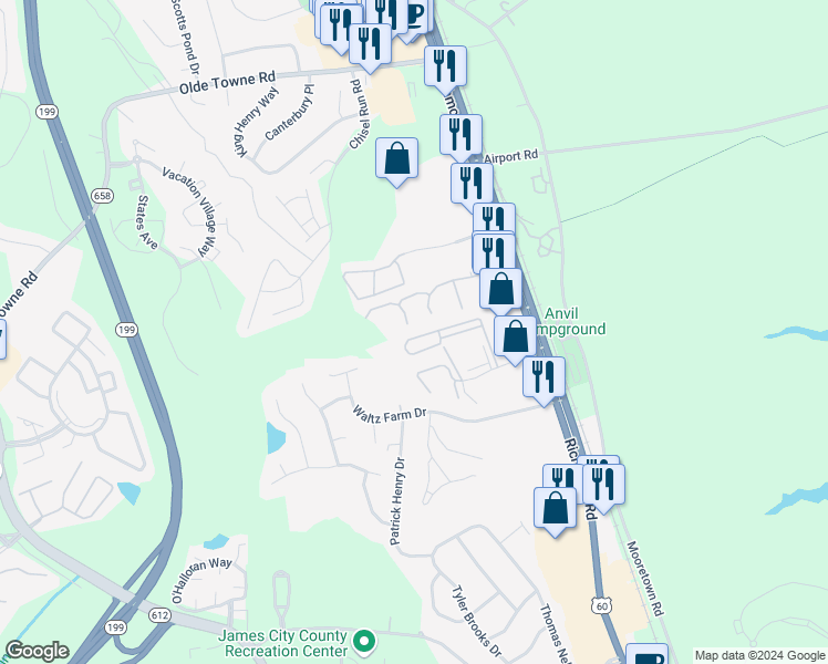 map of restaurants, bars, coffee shops, grocery stores, and more near 1104 Westgate Circle in Williamsburg