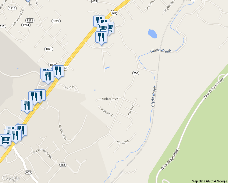 map of restaurants, bars, coffee shops, grocery stores, and more near 3627 Twin Views Court in Roanoke